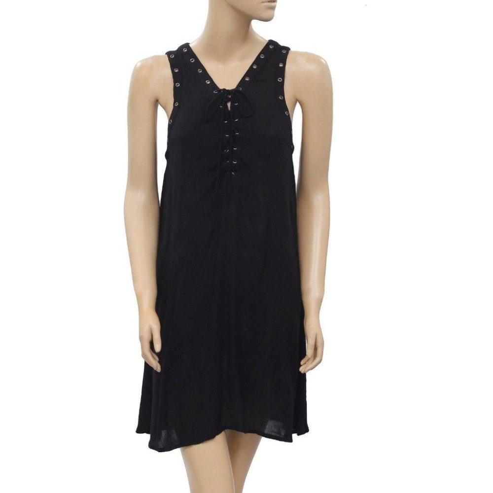Miss Shop Studded Black Lace up Tank Mini Dress Beach Vintage M8 NWT